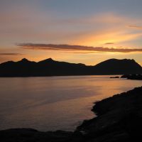 The island of Gimsoy from under Presten at 11pm, around sunset. Goodbye for now, back again in an hour or so? (Dave Bone)