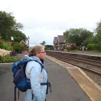 Sue crossing Horton-in-Ribblesdale station (Dave Shotton)