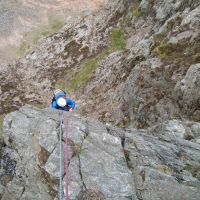 Bob Kelly out on the arete - P5 Main Wall, Cyrn Las (Colin Maddison)