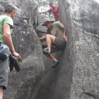 Nils back-and-footing down a chimney on the Orange Circuit at L'Elephant (Gareth Williams)
