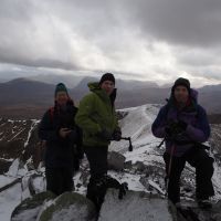 Dave Broadhead, James Meakin and JIm Symon on Binean Mor with Buchaille Etive Mor in Glencoe just behind James's hood (Andy Stratford)
