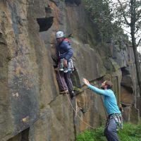 James M deploys a protective net for his ascent of Elderberry Slab (Daniel O'Brien)