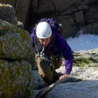 Fiona seconding "Capstan's Arete" on Beaufort Buttress (Dave Wylie)