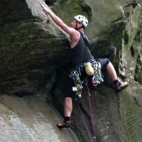 Dave Shotton at the crux of Saul's Crack (Roger Dyke)