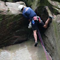 Mike Preece inspects the crux of Saul's Crack (Roger Dyke)