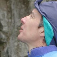 Followed by Sheena, sporting her hat with the special peak for climbing overhangs (Roger Dyke)