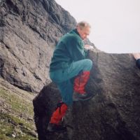 Roger bouldering at Coire Lagan (Dave Wylie)