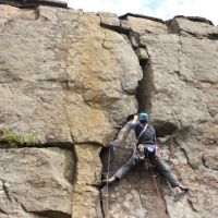 Mark surveys the crux of Avalanche Wall (Dave Dillon)