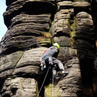Andy leading Left Embrasure at Dovestones Edge (Dave Wylie)