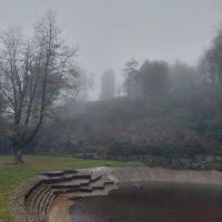 Rivington Terraced Gardens and the Pigeon Tower in the mist